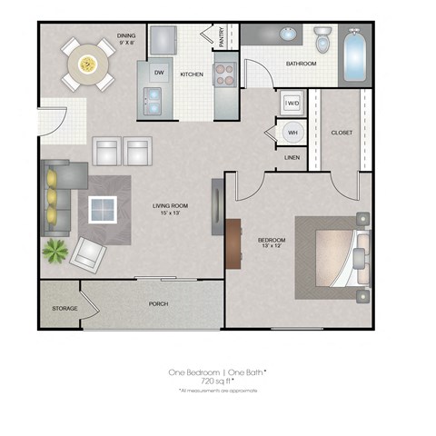 Floor plan for 1 bed, 1 bath, 730 sqft